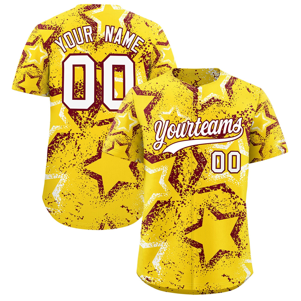 Custom Gold White Crimson Star-Shaped Ink Texture Graffiti Pattern Baseball Jersey | Sublimation Printed &amp; Stitched,Add Name and Numbern,Perfect for Parties,Perfect for Training | KXKSHOP
