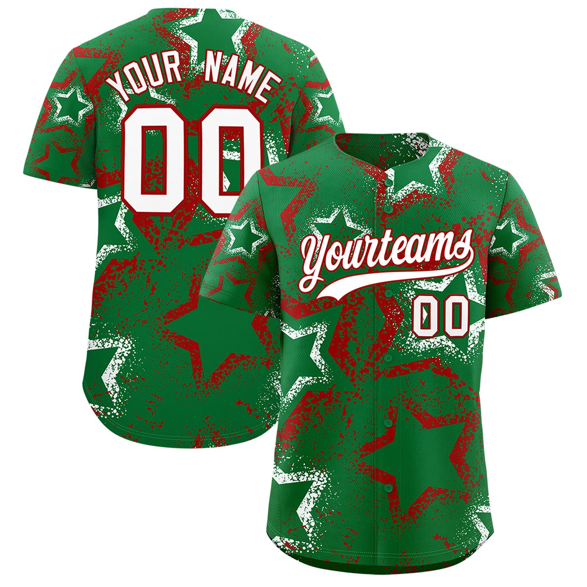 Custom Kelly Green White Red Star-Shaped Ink Texture Graffiti Pattern Baseball Jersey | Sublimation Printed &amp; Stitched,Add Name and Numbern,Perfect for Parties,Perfect for Training | KXKSHOP