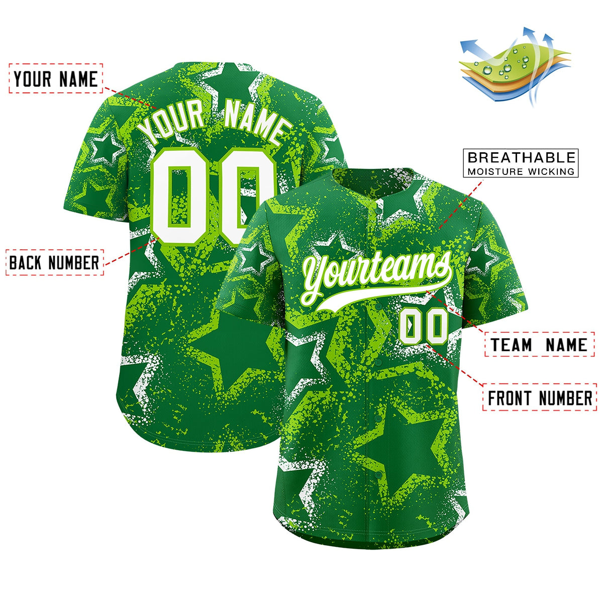 Custom Kelly Green White Neon Green Star-Shaped Ink Texture Graffiti Pattern Baseball Jersey | Sublimation Printed &amp; Stitched,Add Name and Numbern,Perfect for Parties,Perfect for Training | KXKSHOP