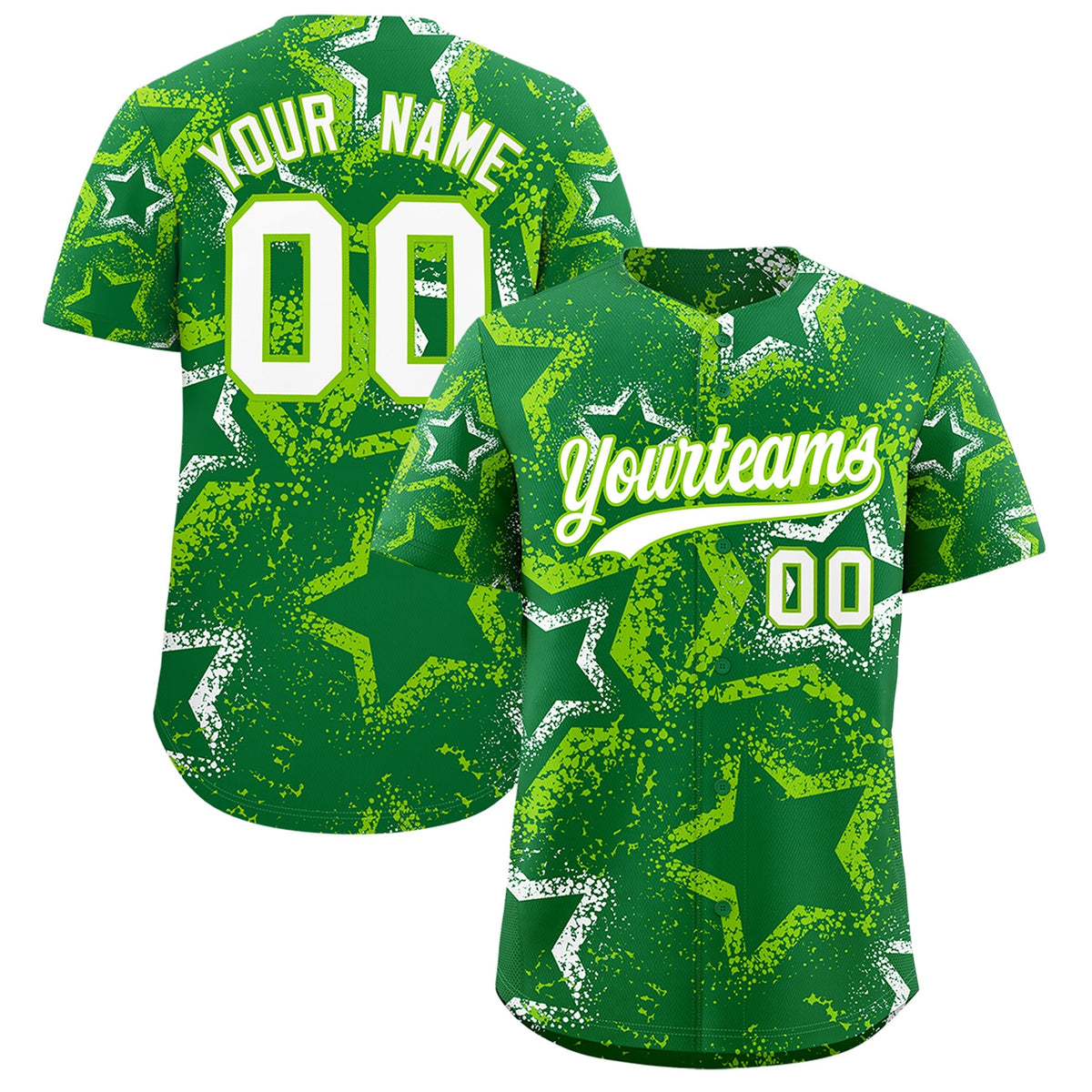 Custom Kelly Green White Neon Green Star-Shaped Ink Texture Graffiti Pattern Baseball Jersey | Sublimation Printed &amp; Stitched,Add Name and Numbern,Perfect for Parties,Perfect for Training | KXKSHOP