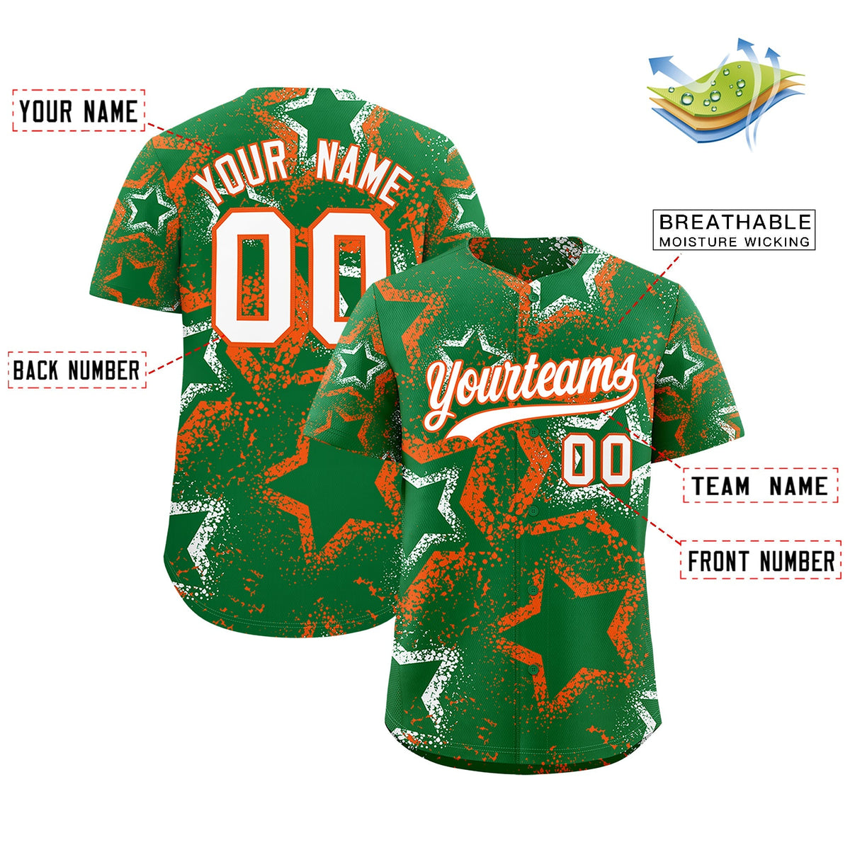 Custom Kelly Green White Orange Star-Shaped Ink Texture Graffiti Pattern Baseball Jersey | Sublimation Printed &amp; Stitched,Add Name and Numbern,Perfect for Parties,Perfect for Training | KXKSHOP