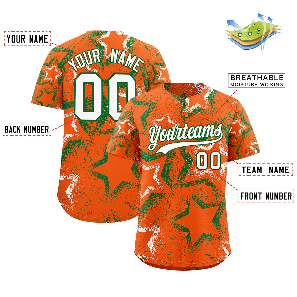 Custom Orange White Kelly Green Star-Shaped Ink Texture Graffiti Pattern Baseball Jersey | Sublimation Printed &amp; Stitched,Add Name and Numbern,Perfect for Parties,Perfect for Training | KXKSHOP