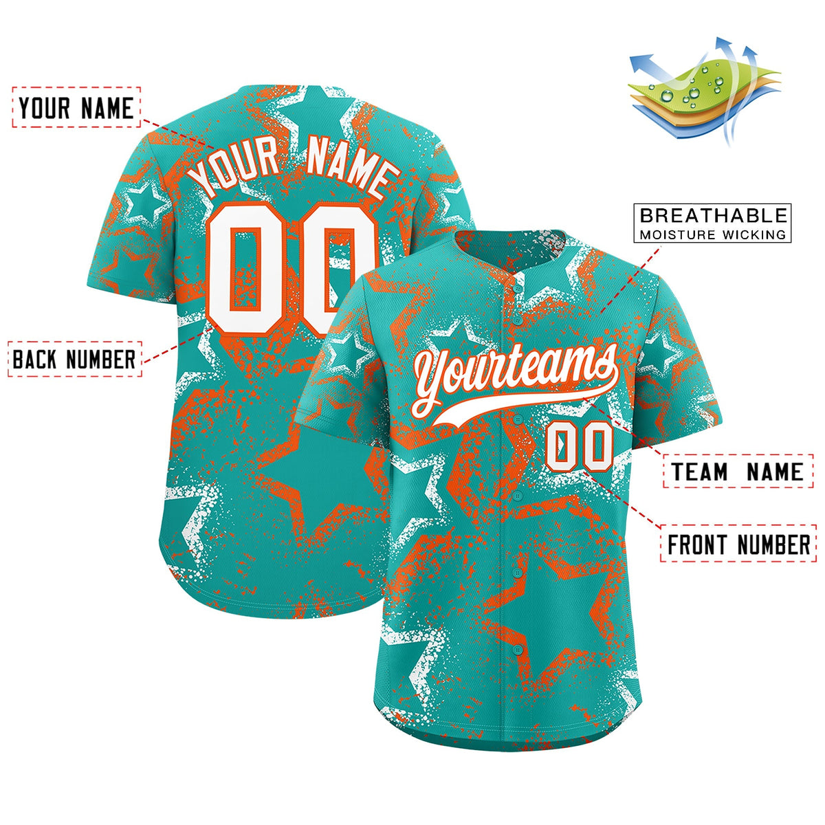 Custom Aqua White Orange Star-Shaped Ink Texture Graffiti Pattern Baseball Jersey | Sublimation Printed &amp; Stitched,Add Name and Numbern,Perfect for Parties,Perfect for Training | KXKSHOP