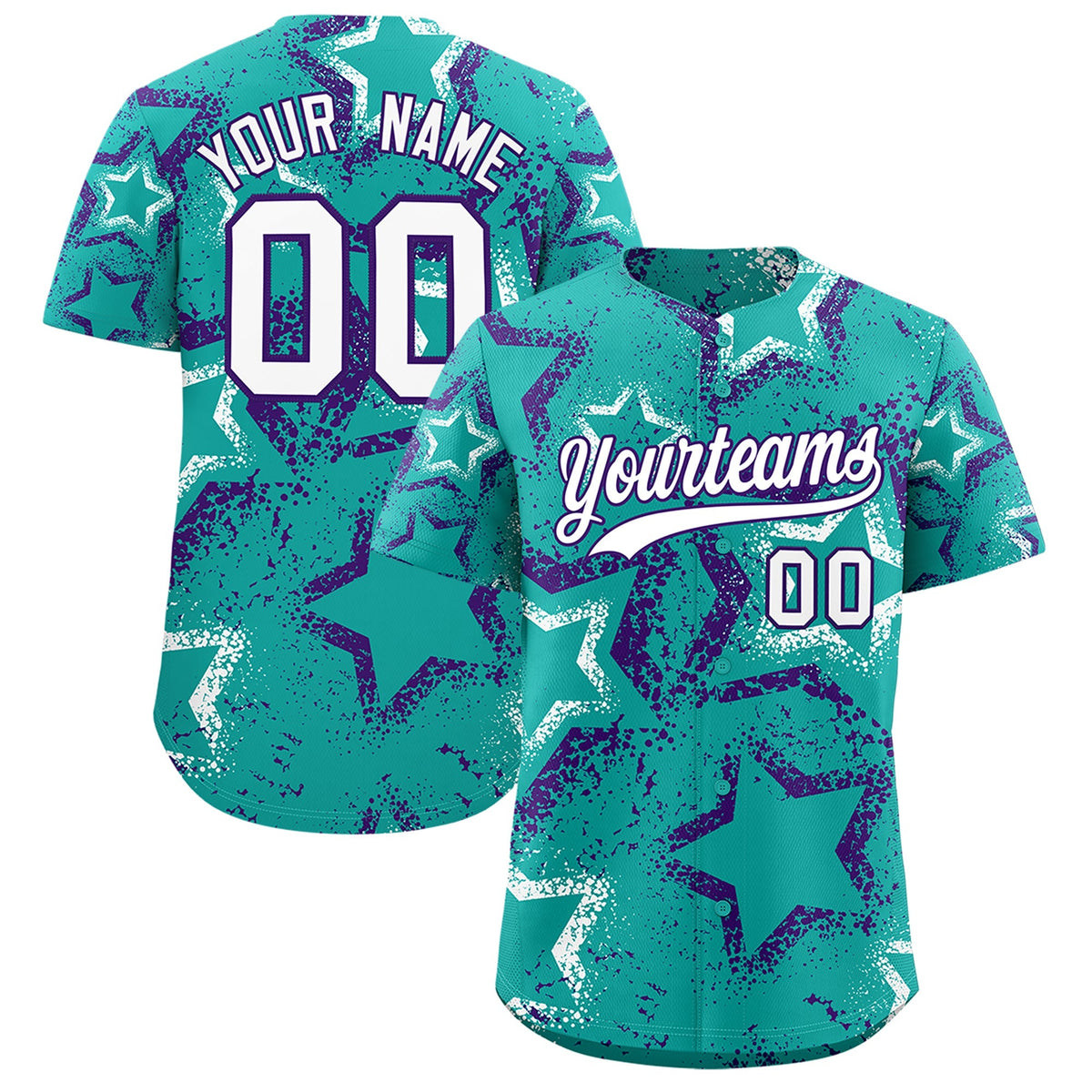 Custom Aqua White Purple Star-Shaped Ink Texture Graffiti Pattern Baseball Jersey | Sublimation Printed &amp; Stitched,Add Name and Numbern,Perfect for Parties,Perfect for Training | KXKSHOP