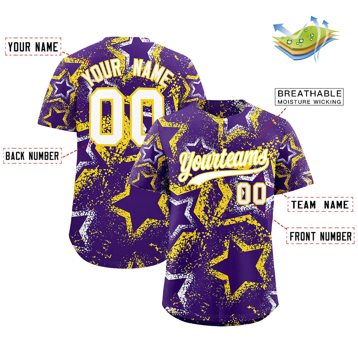 Custom Purple White Gold Star-Shaped Ink Texture Graffiti Pattern Baseball Jersey | Sublimation Printed &amp; Stitched,Add Name and Numbern,Perfect for Parties,Perfect for Training | KXKSHOP