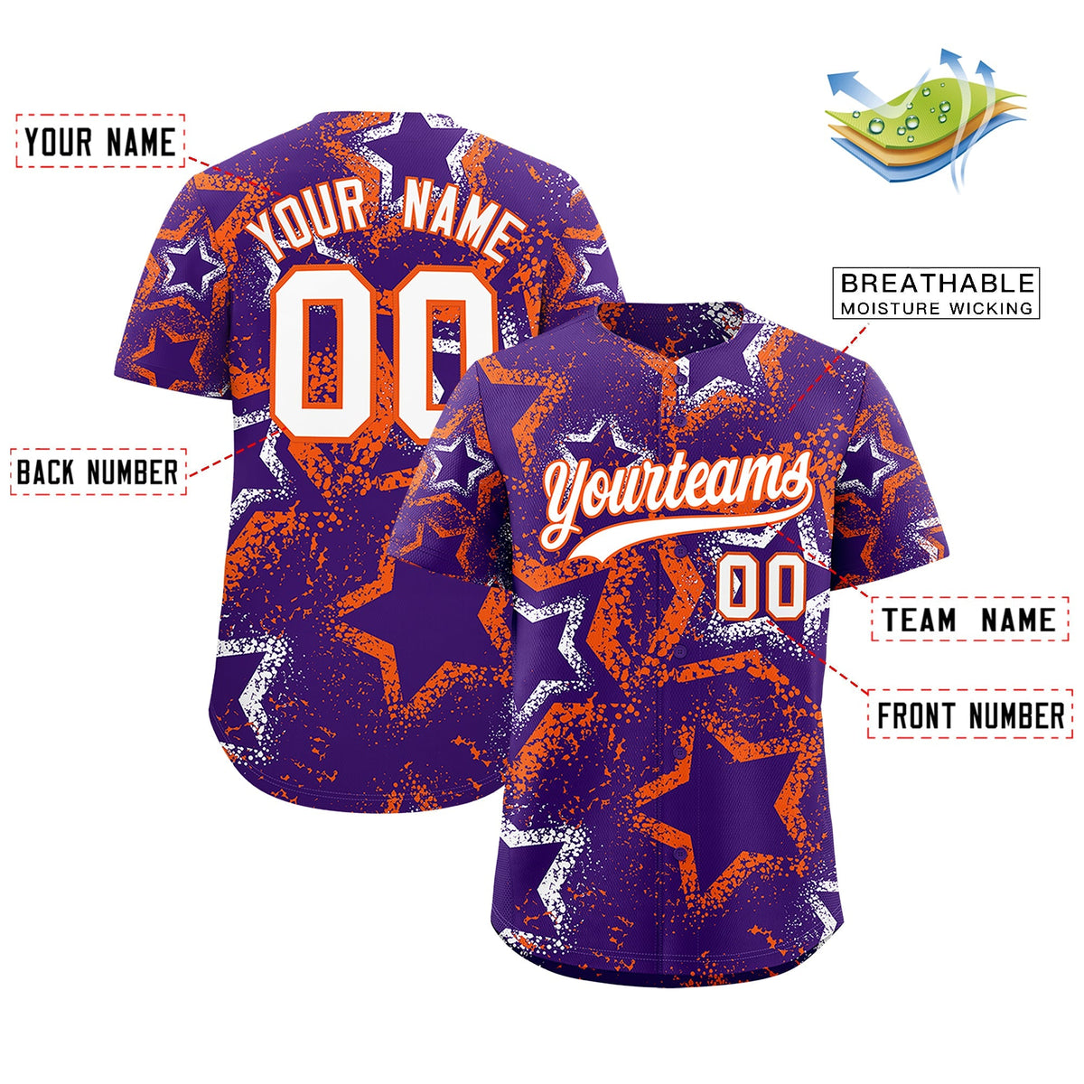 Custom Purple White Orange Star-Shaped Ink Texture Graffiti Pattern Baseball Jersey | Sublimation Printed &amp; Stitched,Add Name and Numbern,Perfect for Parties,Perfect for Training | KXKSHOP