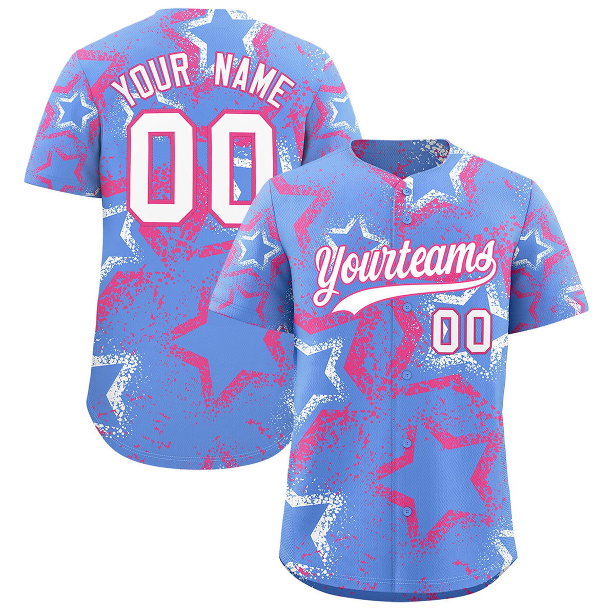 Custom Light Blue White Pink Star-Shaped Ink Texture Graffiti Pattern Baseball Jersey | Sublimation Printed &amp; Stitched,Add Name and Numbern,Perfect for Parties,Perfect for Training | KXKSHOP