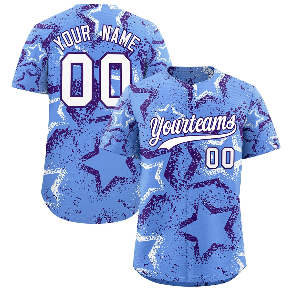 Custom Light Blue White Purple Star-Shaped Ink Texture Graffiti Pattern Baseball Jersey | Sublimation Printed &amp; Stitched,Add Name and Numbern,Perfect for Parties,Perfect for Training | KXKSHOP