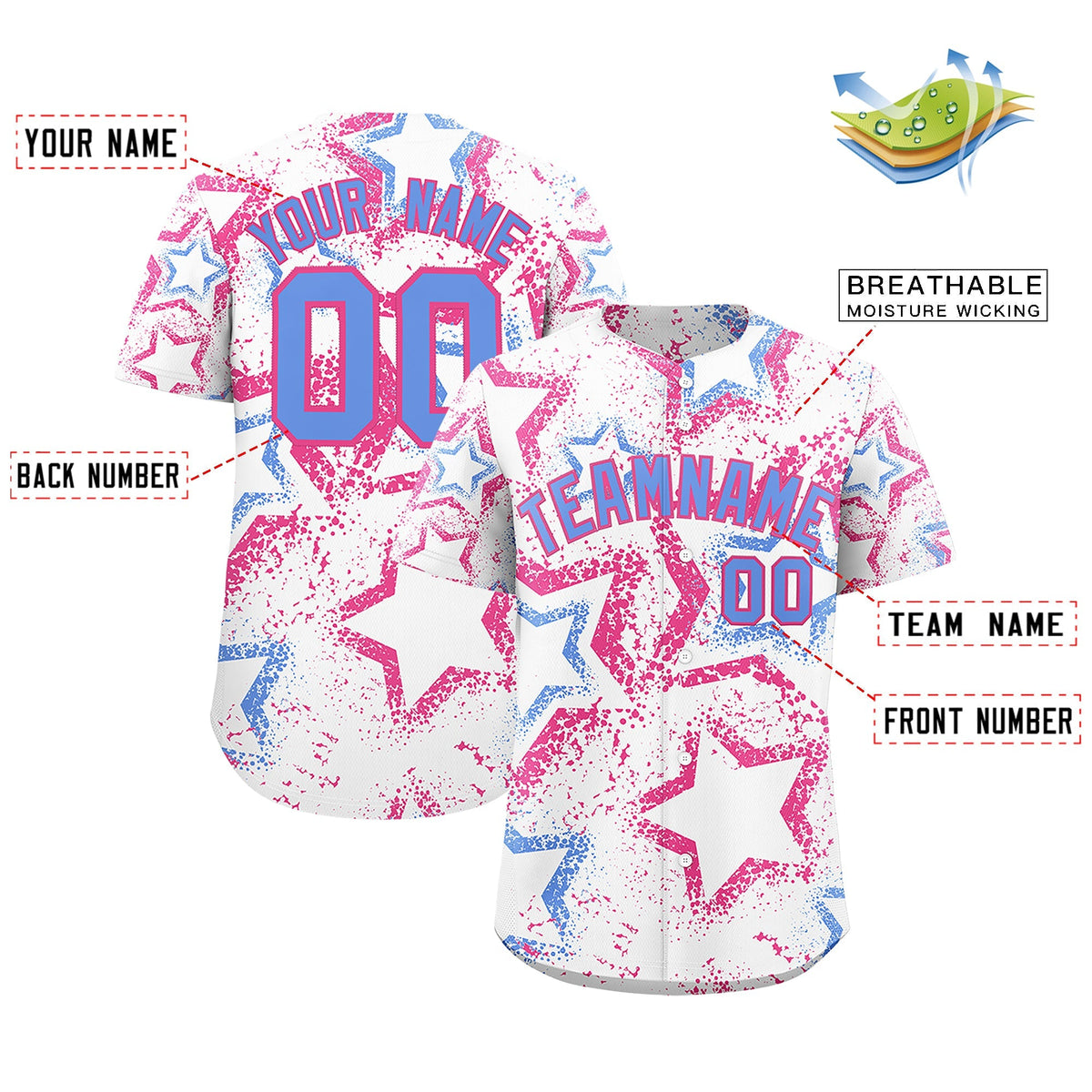 Custom White Pink Light Blue Star-Shaped Ink Texture Graffiti Pattern Baseball Jersey | Sublimation Printed &amp; Stitched,Add Name and Numbern,Perfect for Parties,Perfect for Training | KXKSHOP