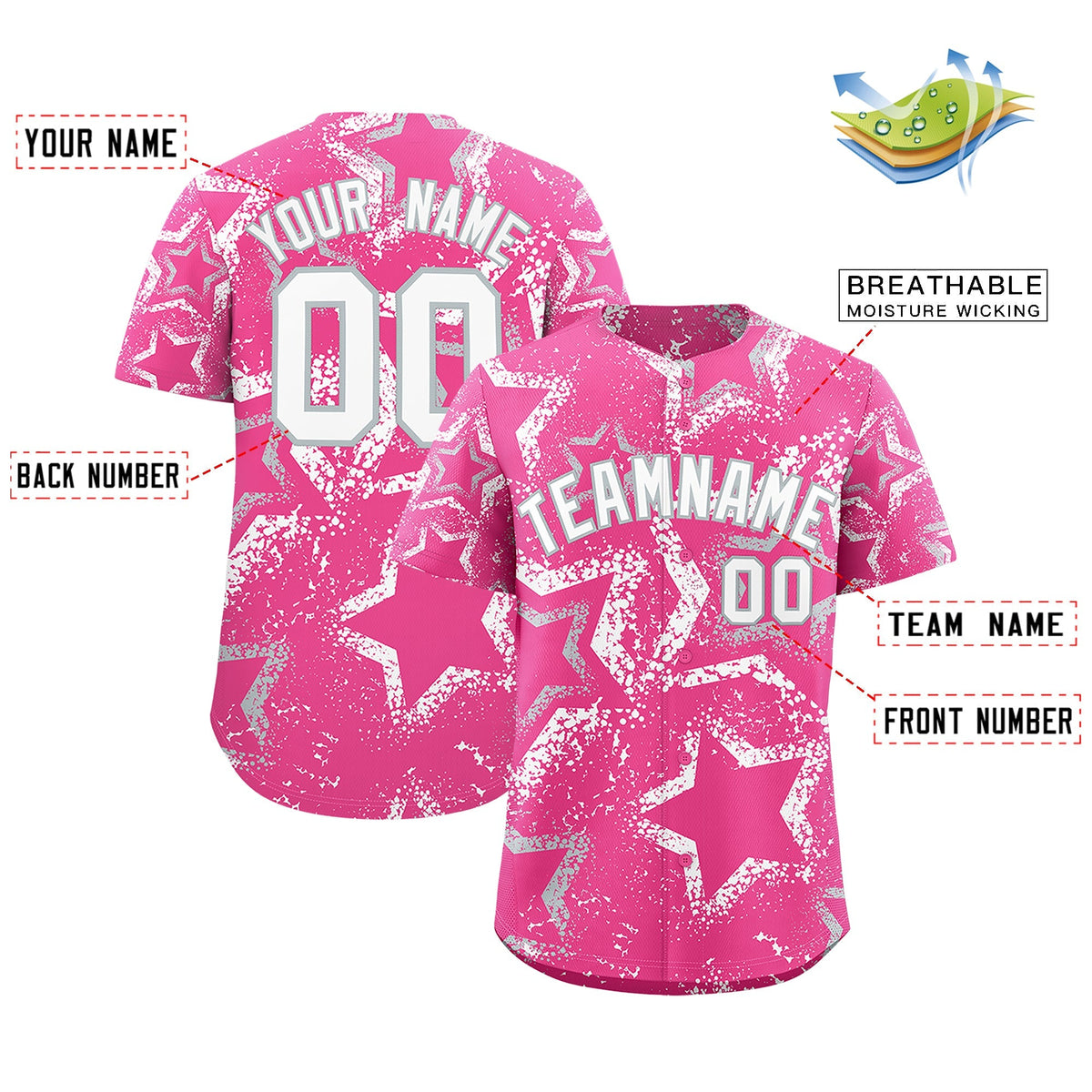 Custom Pink Silver White Star-Shaped Ink Texture Graffiti Pattern Baseball Jersey | Sublimation Printed &amp; Stitched,Add Name and Numbern,Perfect for Parties,Perfect for Training | KXKSHOP