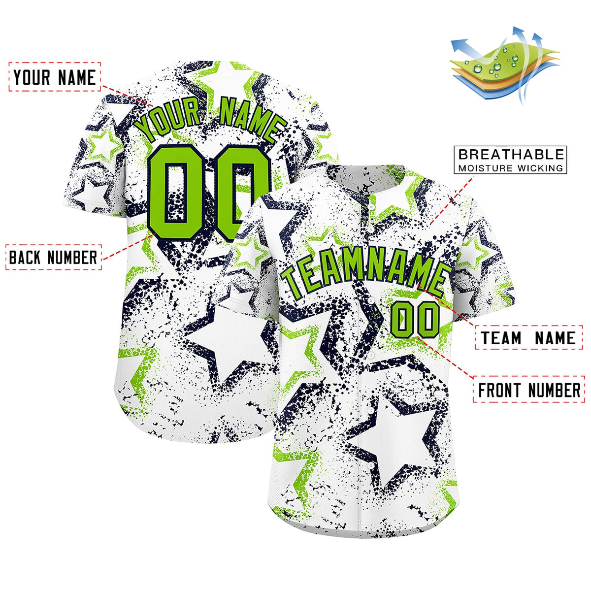 Custom White Neon Green Navy Star-Shaped Ink Texture Graffiti Pattern Baseball Jersey | Sublimation Printed &amp; Stitched,Add Name and Numbern,Perfect for Parties,Perfect for Training | KXKSHOP