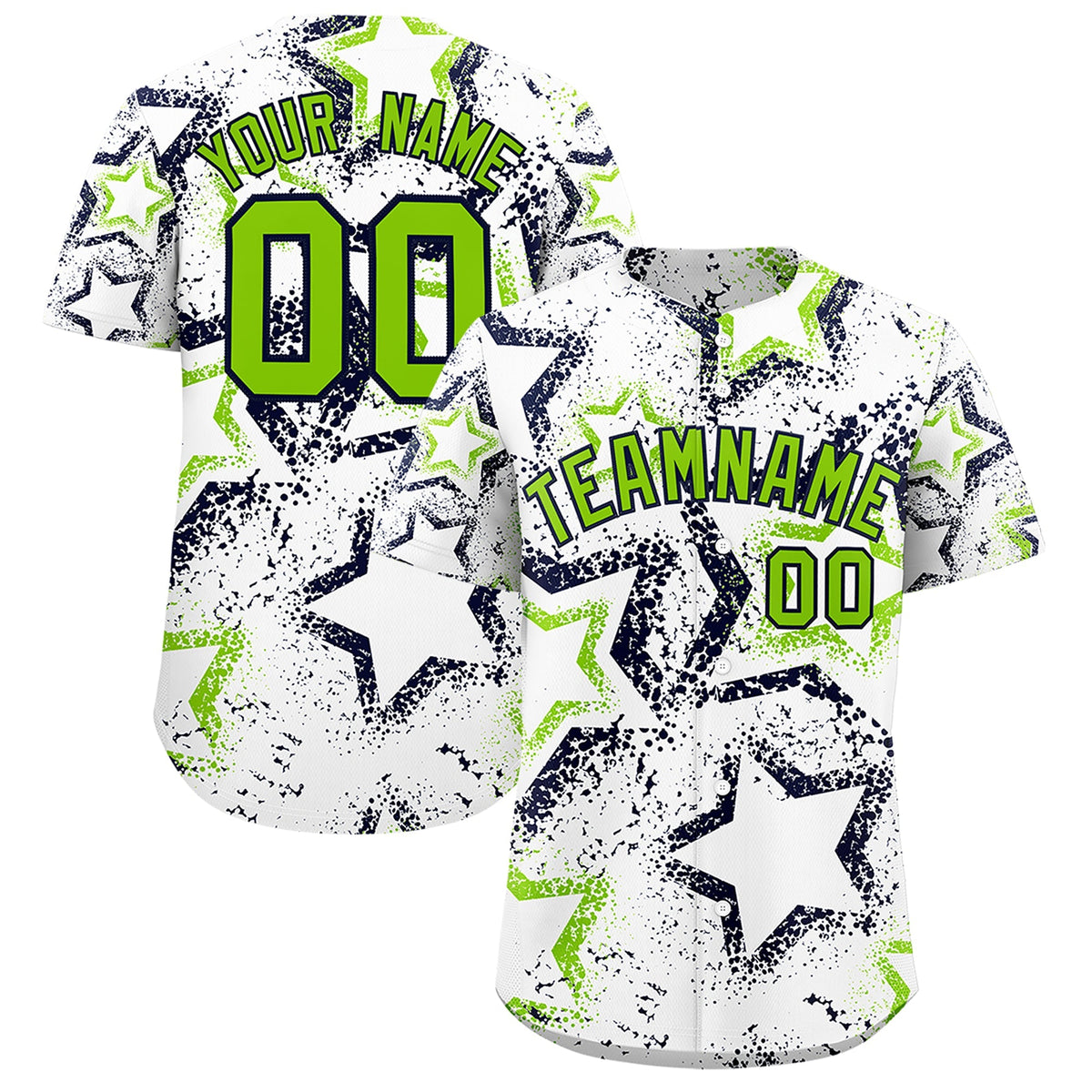 Custom White Neon Green Navy Star-Shaped Ink Texture Graffiti Pattern Baseball Jersey | Sublimation Printed &amp; Stitched,Add Name and Numbern,Perfect for Parties,Perfect for Training | KXKSHOP