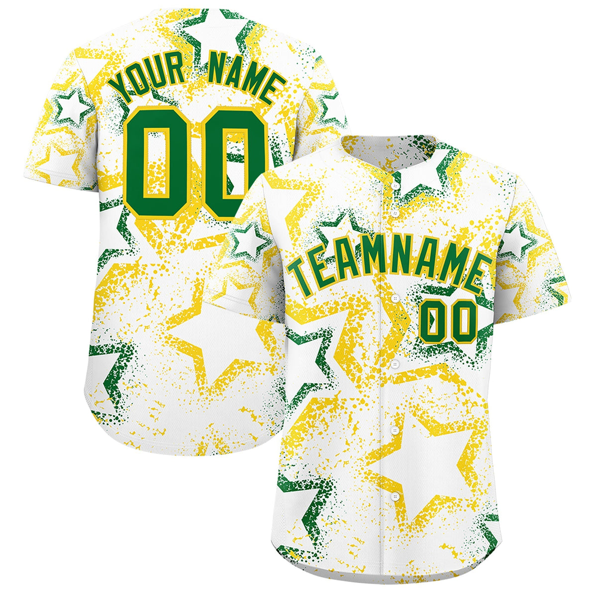 Custom White Gold Kelly Green Star-Shaped Ink Texture Graffiti Pattern Baseball Jersey | Sublimation Printed &amp; Stitched,Add Name and Numbern,Perfect for Parties,Perfect for Training | KXKSHOP