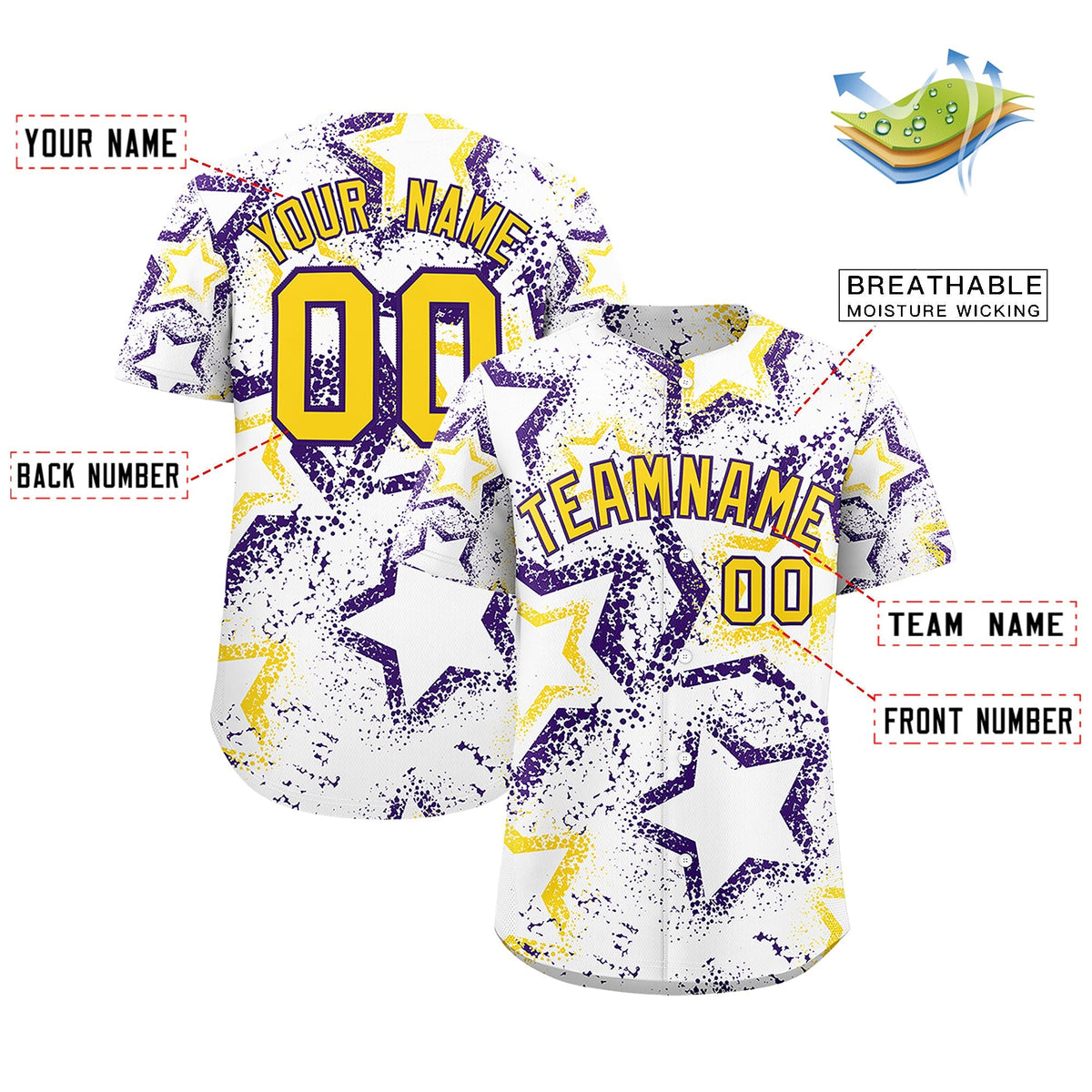 Custom White Gold Purple Star-Shaped Ink Texture Graffiti Pattern Baseball Jersey | Sublimation Printed &amp; Stitched,Add Name and Numbern,Perfect for Parties,Perfect for Training | KXKSHOP