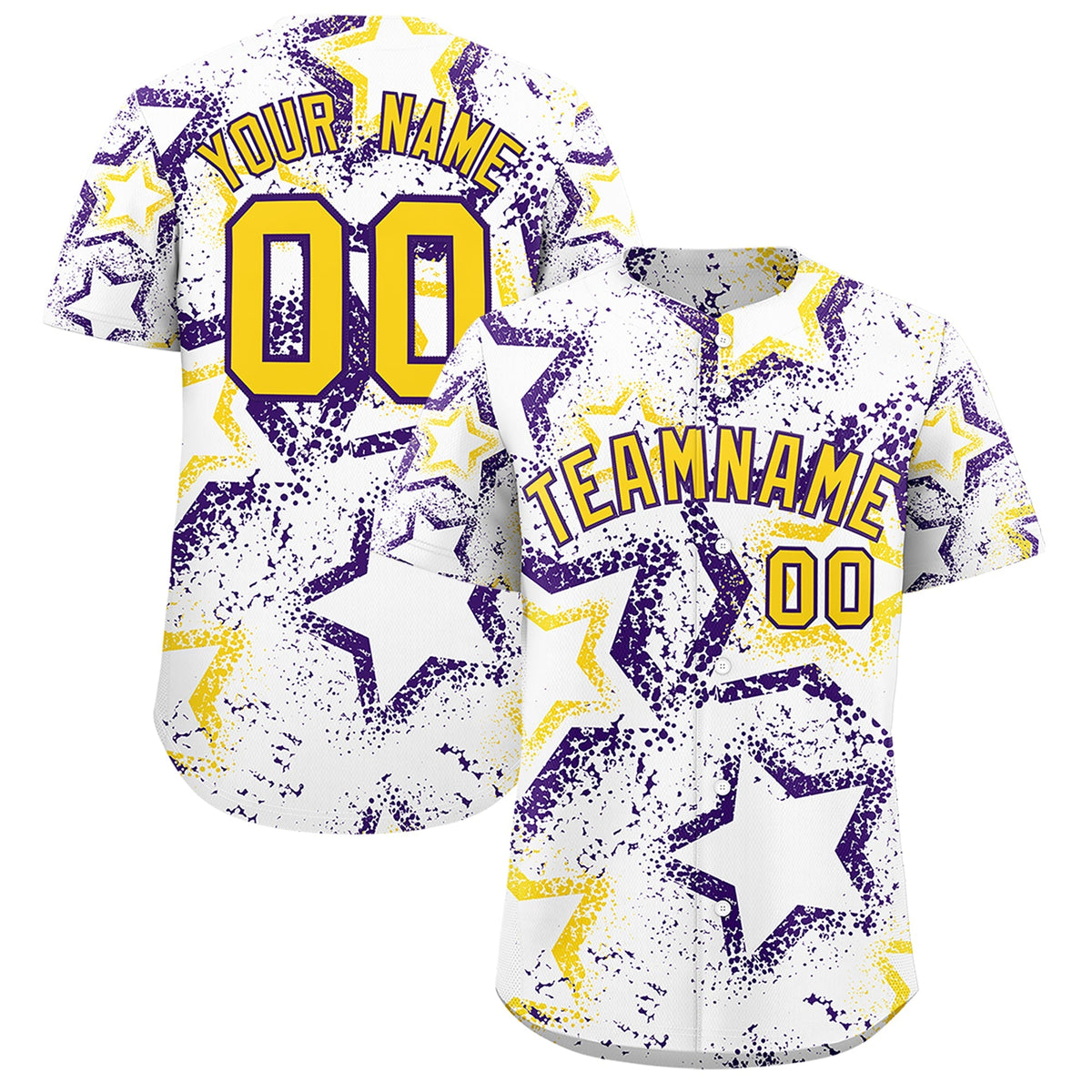 Custom White Gold Purple Star-Shaped Ink Texture Graffiti Pattern Baseball Jersey | Sublimation Printed &amp; Stitched,Add Name and Numbern,Perfect for Parties,Perfect for Training | KXKSHOP