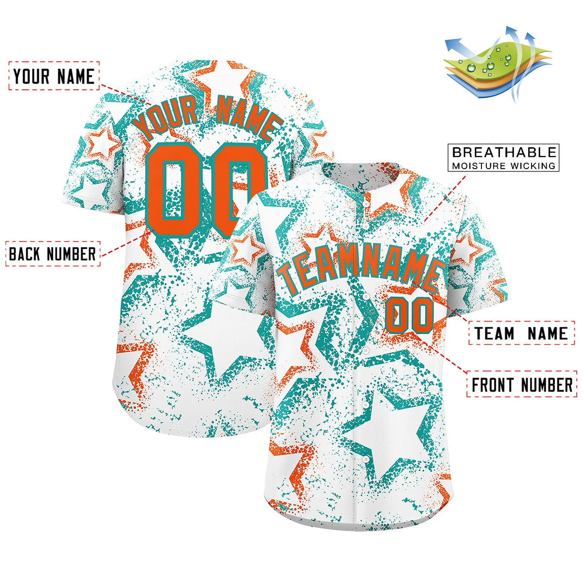 Custom White Aqua Orange Star-Shaped Ink Texture Graffiti Pattern Baseball Jersey | Sublimation Printed &amp; Stitched,Add Name and Numbern,Perfect for Parties,Perfect for Training | KXKSHOP