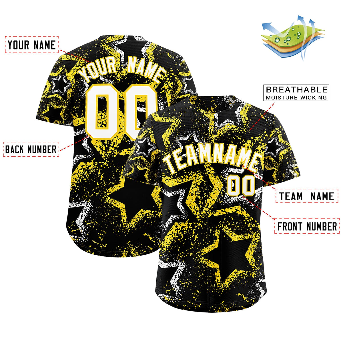 Custom Black White Gold Star-Shaped Ink Texture Graffiti Pattern Baseball Jersey | Sublimation Printed &amp; Stitched,Add Name and Numbern,Perfect for Parties,Perfect for Training | KXKSHOP