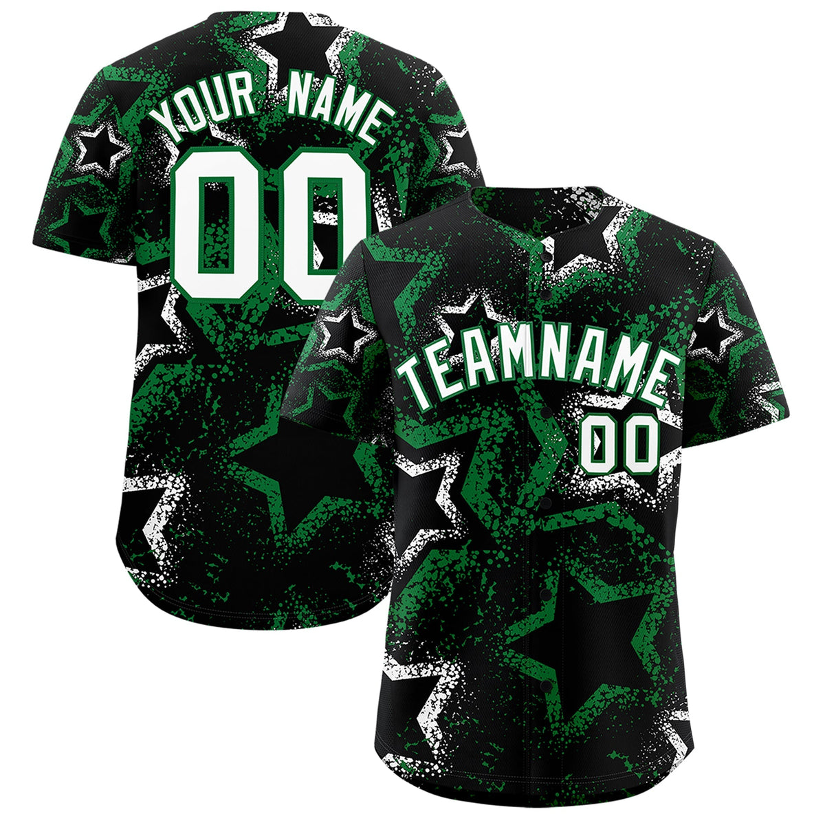 Custom Black White Kelly Green Star-Shaped Ink Texture Graffiti Pattern Baseball Jersey | Sublimation Printed &amp; Stitched,Add Name and Numbern,Perfect for Parties,Perfect for Training | KXKSHOP