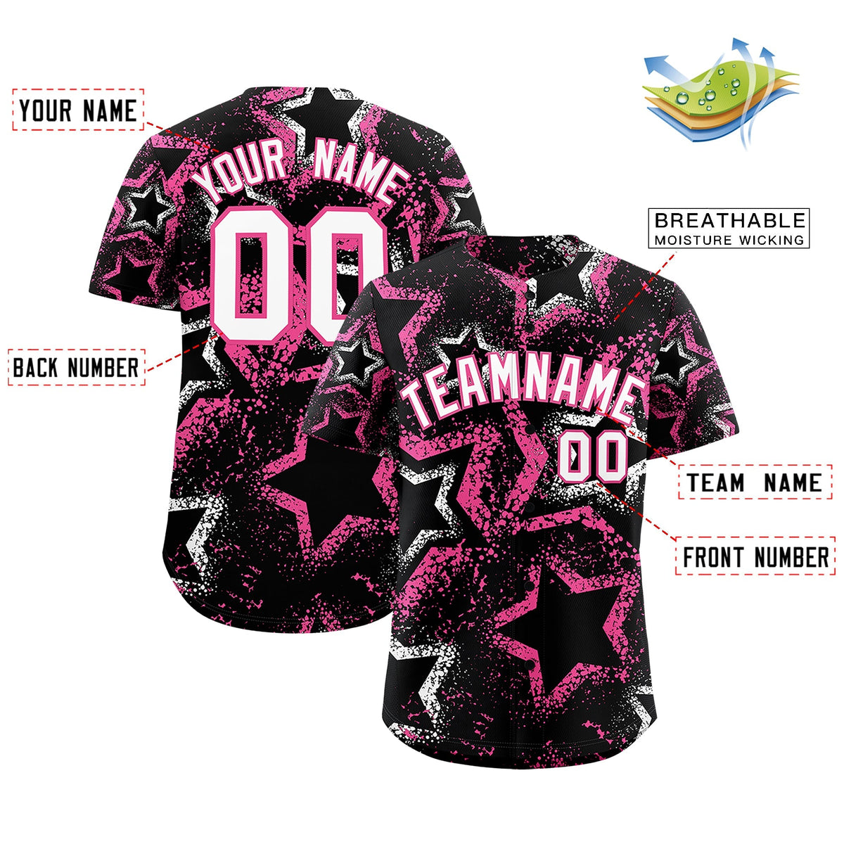 Custom Black White Pink Star-Shaped Ink Texture Graffiti Pattern Baseball Jersey | Sublimation Printed &amp; Stitched,Add Name and Numbern,Perfect for Parties,Perfect for Training | KXKSHOP
