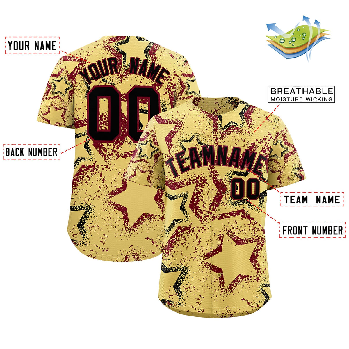 Custom Khaki Black Crimson Star-Shaped Ink Texture Graffiti Pattern Baseball Jersey | Sublimation Printed &amp; Stitched,Add Name and Numbern,Perfect for Parties,Perfect for Training | KXKSHOP