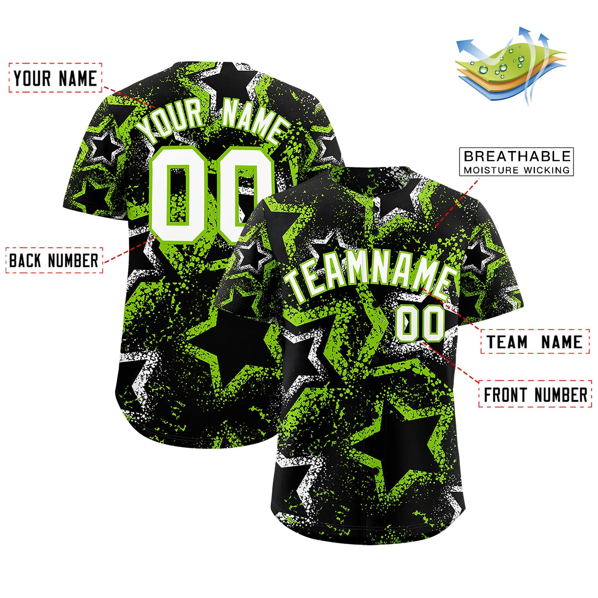 Custom Black White Neon Green Star-Shaped Ink Texture Graffiti Pattern Baseball Jersey | Sublimation Printed &amp; Stitched,Add Name and Numbern,Perfect for Parties,Perfect for Training | KXKSHOP