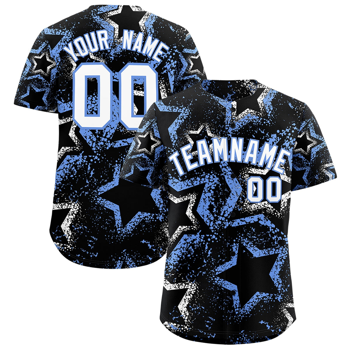Custom Black White Light Blue Star-Shaped Ink Texture Graffiti Pattern Baseball Jersey | Sublimation Printed &amp; Stitched,Add Name and Numbern,Perfect for Parties,Perfect for Training | KXKSHOP