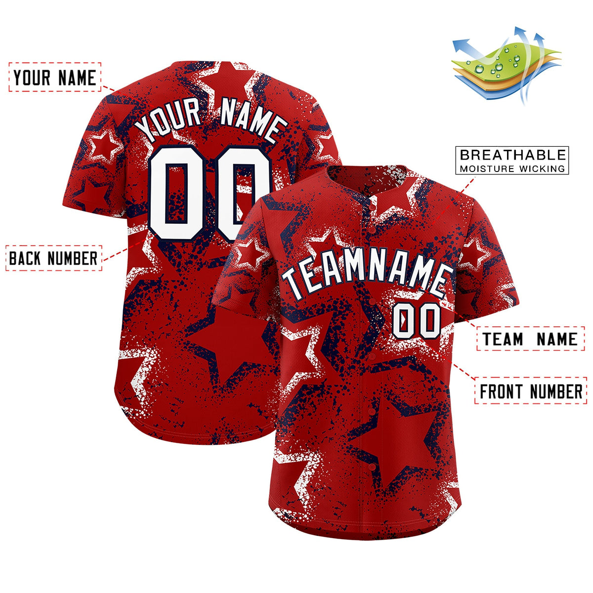 Custom Red White Navy Star-Shaped Ink Texture Graffiti Pattern Baseball Jersey | Sublimation Printed &amp; Stitched,Add Name and Numbern,Perfect for Parties,Perfect for Training | KXKSHOP