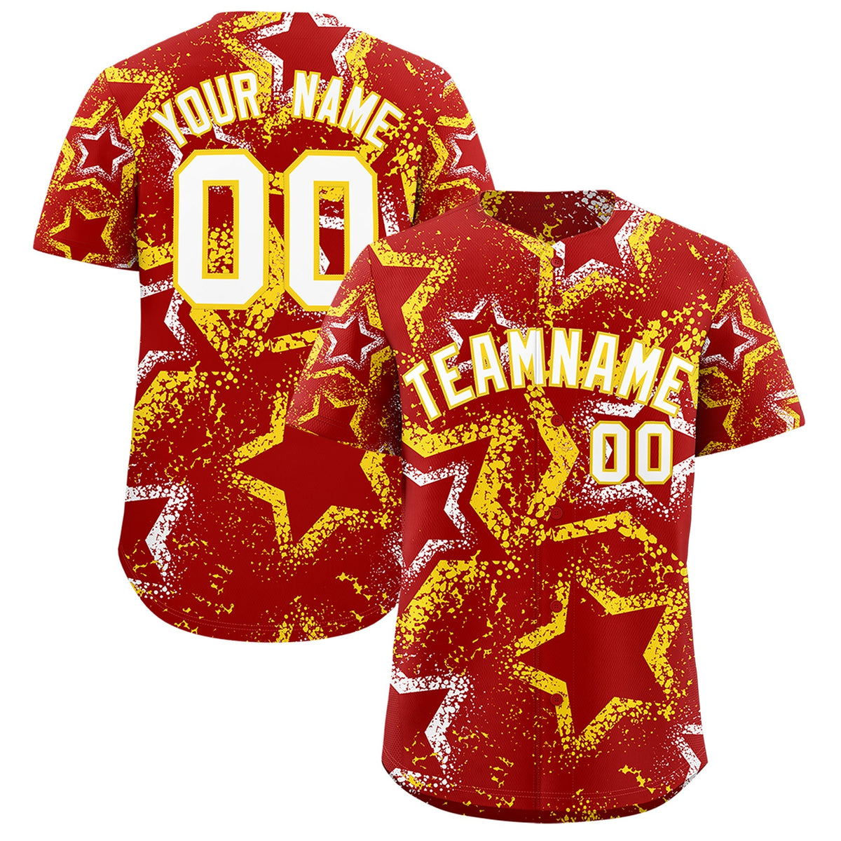 Custom Red White Gold Star-Shaped Ink Texture Graffiti Pattern Baseball Jersey | Sublimation Printed &amp; Stitched,Add Name and Numbern,Perfect for Parties,Perfect for Training | KXKSHOP