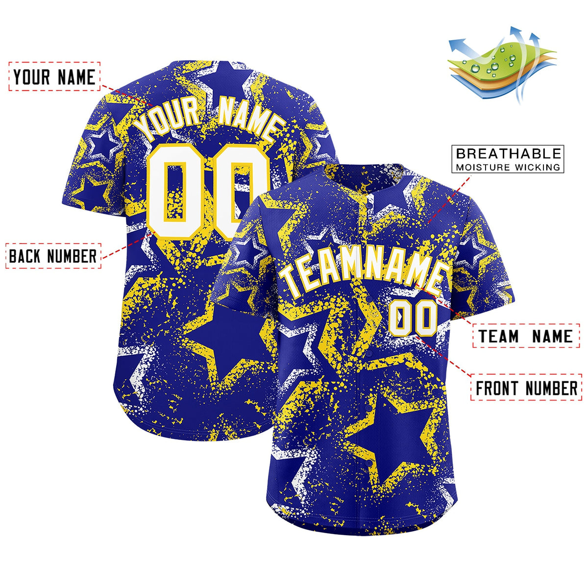 Custom Royal Blue White Gold Star-Shaped Ink Texture Graffiti Pattern Baseball Jersey | Sublimation Printed &amp; Stitched,Add Name and Numbern,Perfect for Parties,Perfect for Training | KXKSHOP