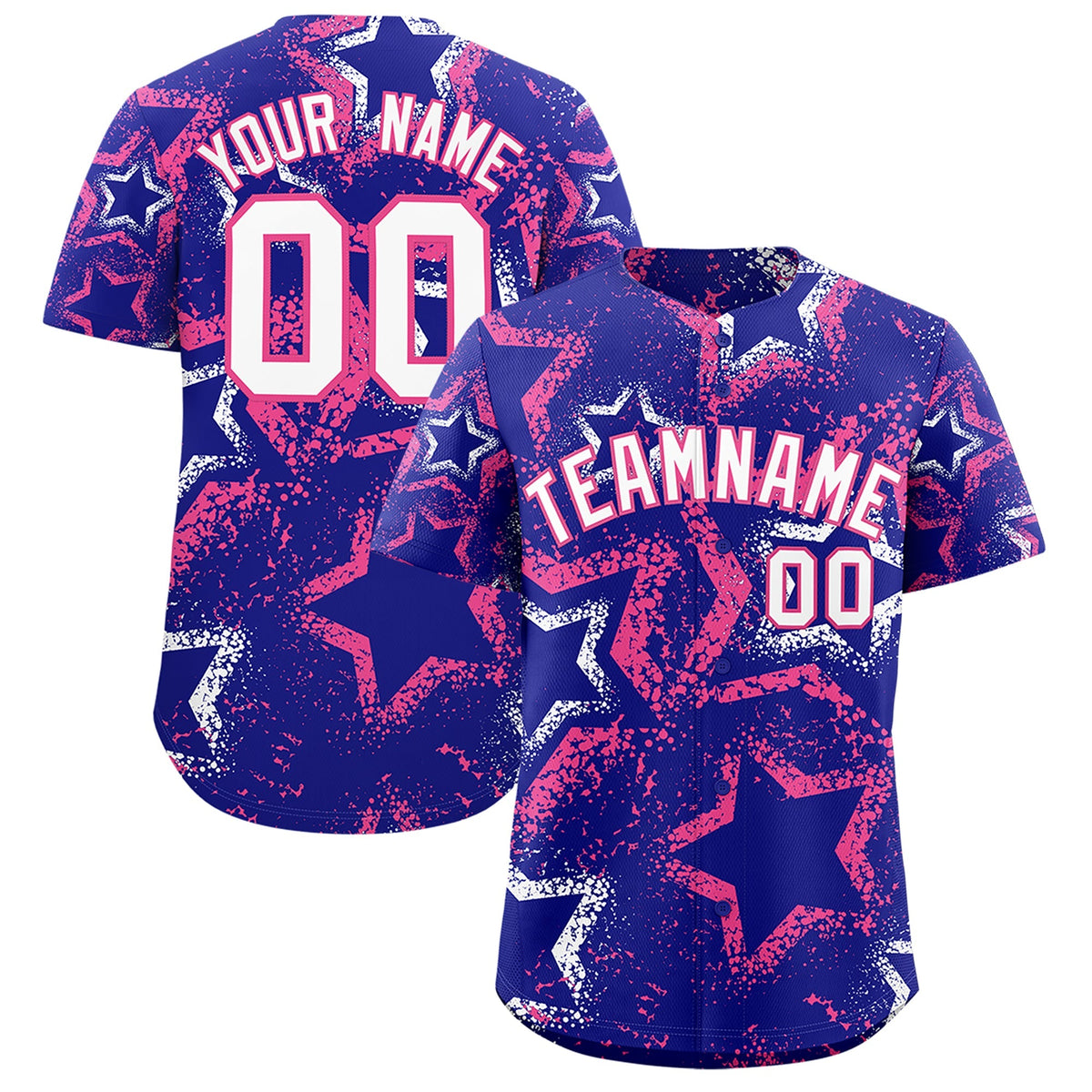 Custom Royal Blue White Pink Star-Shaped Ink Texture Graffiti Pattern Baseball Jersey | Sublimation Printed &amp; Stitched,Add Name and Numbern,Perfect for Parties,Perfect for Training | KXKSHOP