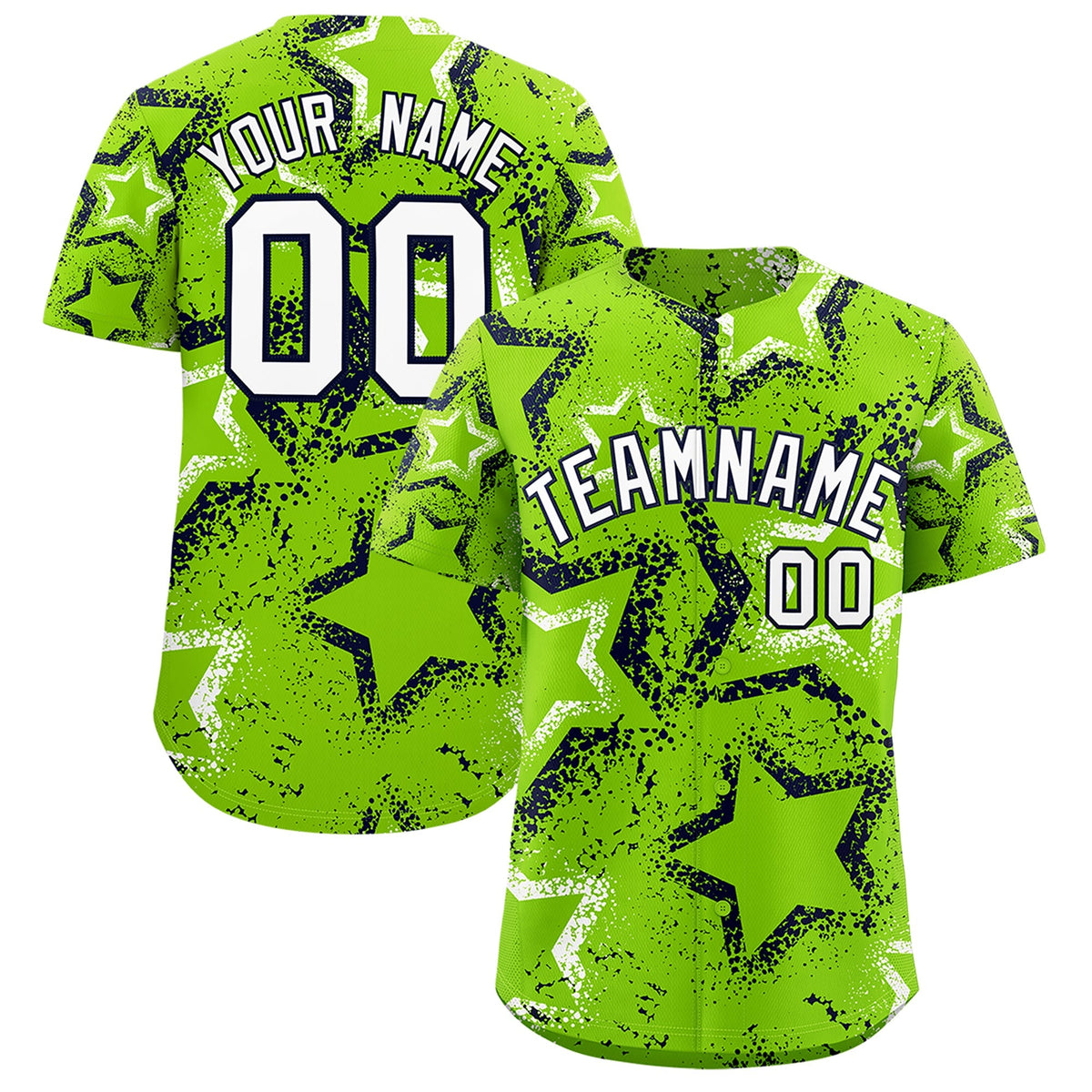 Custom Neon Green White Navy Star-Shaped Ink Texture Graffiti Pattern Baseball Jersey | Sublimation Printed &amp; Stitched,Add Name and Numbern,Perfect for Parties,Perfect for Training | KXKSHOP
