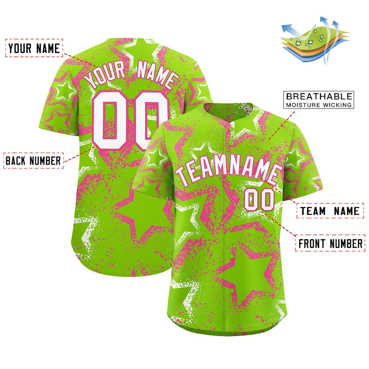 Custom Neon Green Pink White Star-Shaped Ink Texture Graffiti Pattern Baseball Jersey | Sublimation Printed &amp; Stitched,Add Name and Numbern,Perfect for Parties,Perfect for Training | KXKSHOP