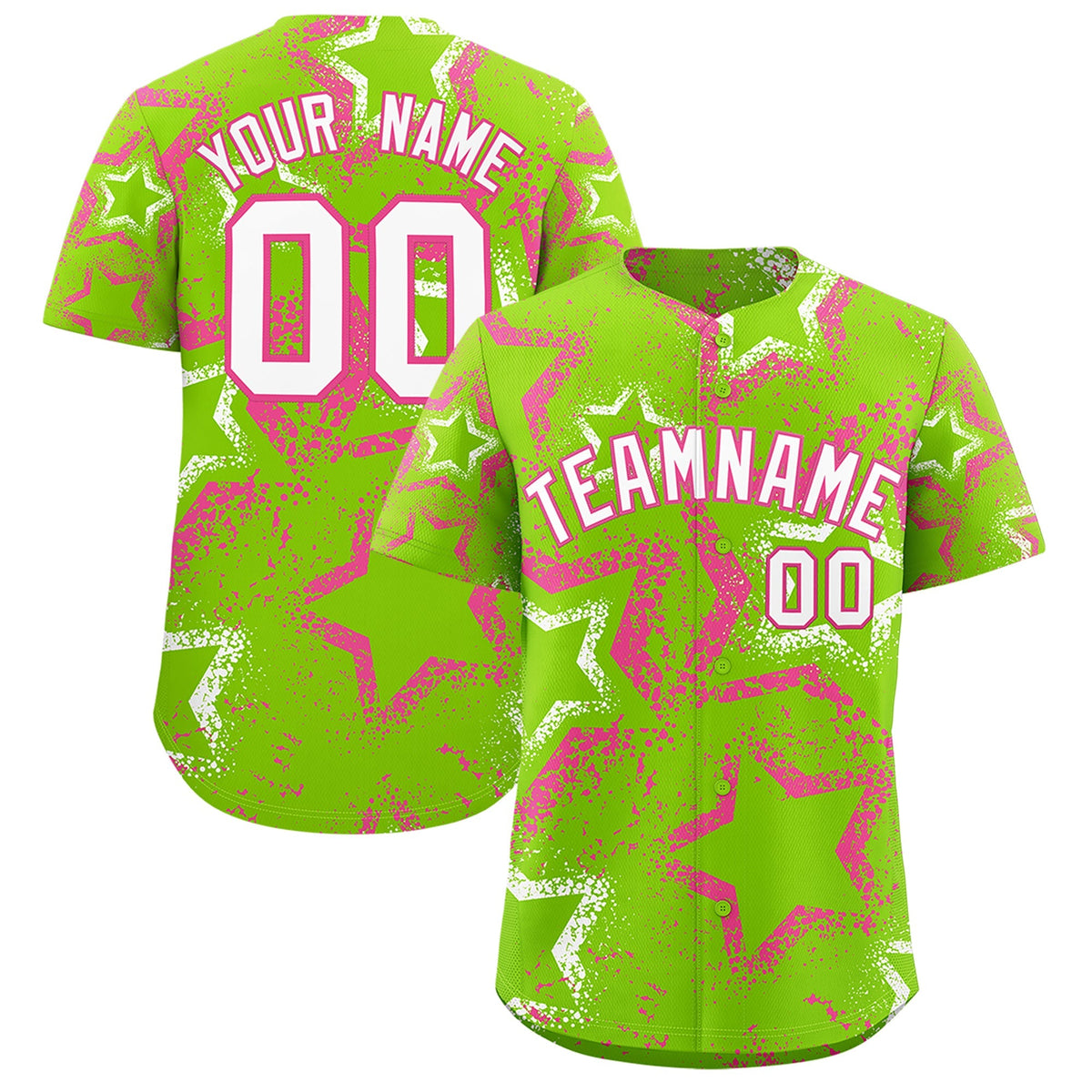 Custom Neon Green Pink White Star-Shaped Ink Texture Graffiti Pattern Baseball Jersey | Sublimation Printed &amp; Stitched,Add Name and Numbern,Perfect for Parties,Perfect for Training | KXKSHOP