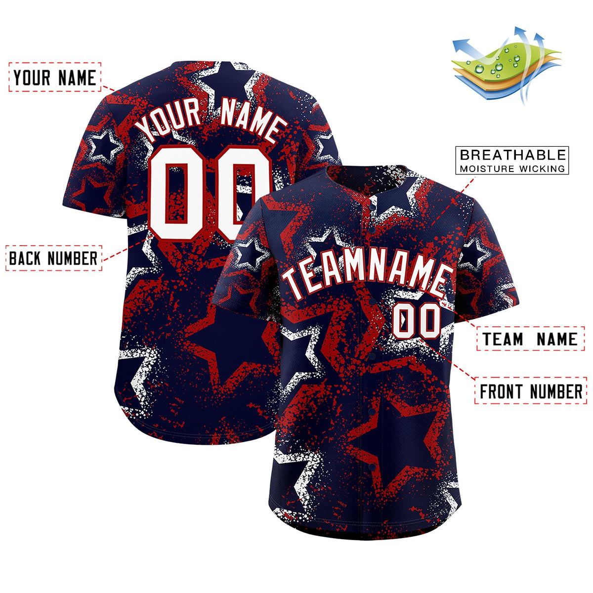 Custom Navy White Red Star-Shaped Ink Texture Graffiti Pattern Baseball Jersey | Sublimation Printed &amp; Stitched,Add Name and Numbern,Perfect for Parties,Perfect for Training | KXKSHOP