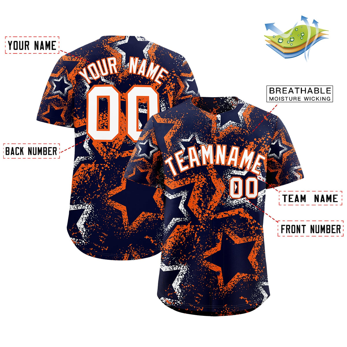 Custom Navy White Orange Star-Shaped Ink Texture Graffiti Pattern Baseball Jersey | Sublimation Printed &amp; Stitched,Add Name and Numbern,Perfect for Parties,Perfect for Training | KXKSHOP