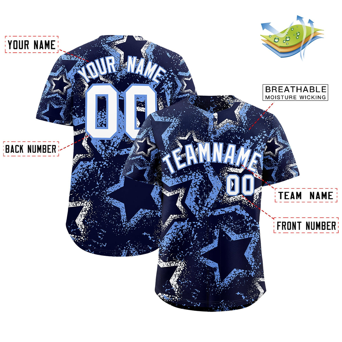 Custom Navy White Light Blue Star-Shaped Ink Texture Graffiti Pattern Baseball Jersey | Sublimation Printed &amp; Stitched,Add Name and Numbern,Perfect for Parties,Perfect for Training | KXKSHOP