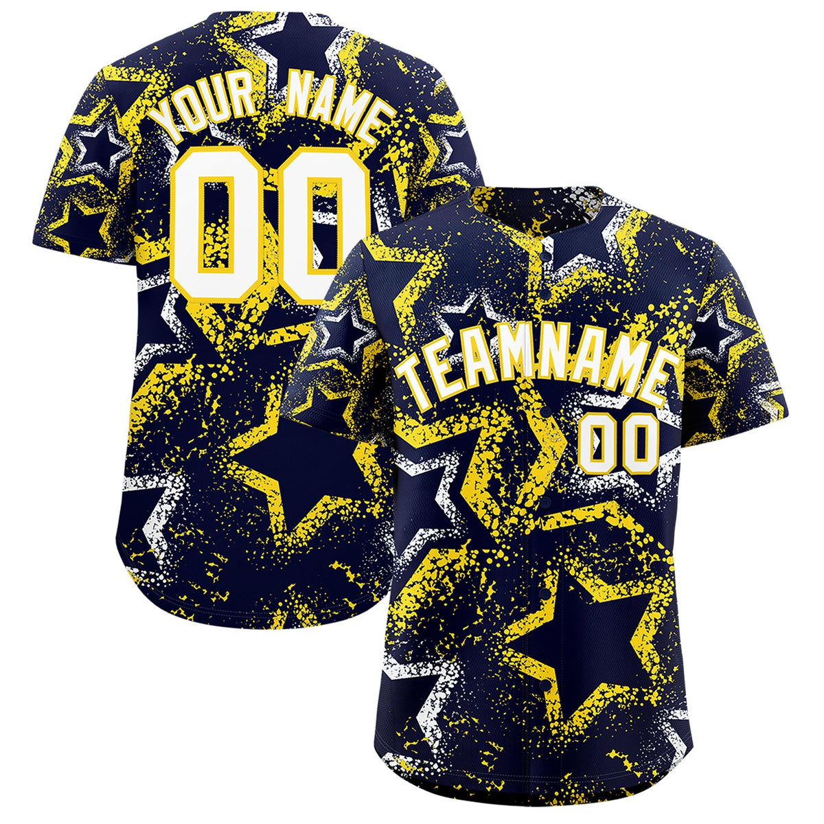 Custom Navy White Gold Star-Shaped Ink Texture Graffiti Pattern Baseball Jersey | Sublimation Printed &amp; Stitched,Add Name and Numbern,Perfect for Parties,Perfect for Training | KXKSHOP