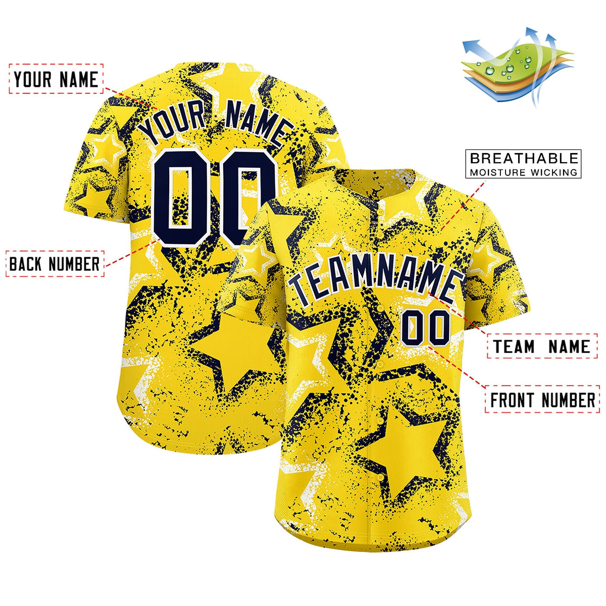 Custom Gold White Navy Star-Shaped Ink Texture Graffiti Pattern Baseball Jersey | Sublimation Printed &amp; Stitched,Add Name and Numbern,Perfect for Parties,Perfect for Training | KXKSHOP