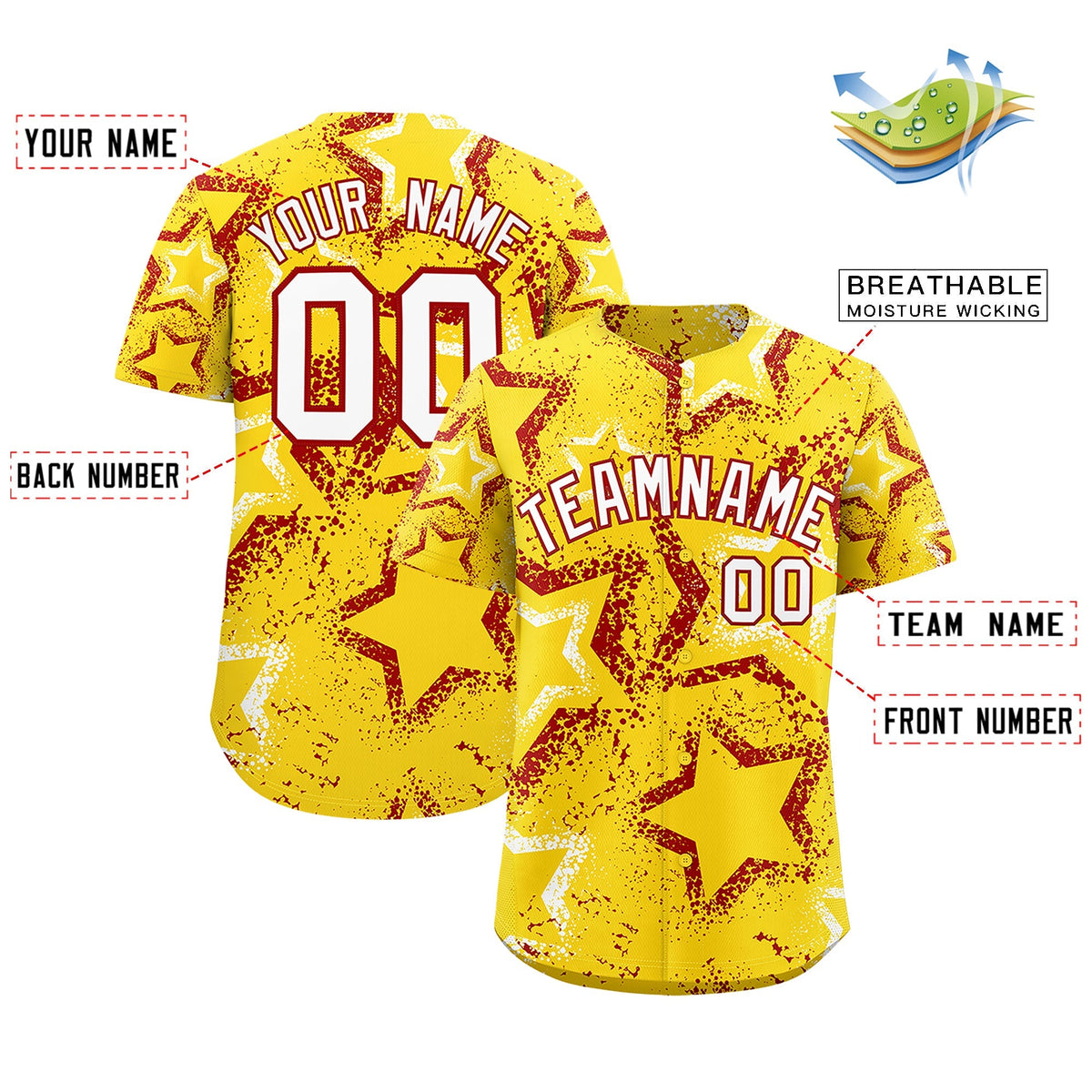 Custom Gold White Red Star-Shaped Ink Texture Graffiti Pattern Baseball Jersey | Sublimation Printed &amp; Stitched,Add Name and Numbern,Perfect for Parties,Perfect for Training | KXKSHOP