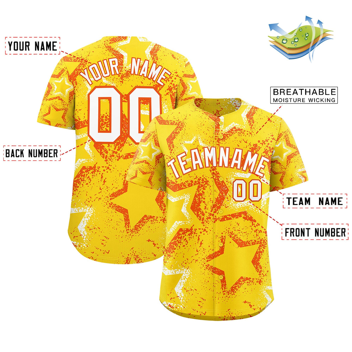 Custom Gold Orange White Star-Shaped Ink Texture Graffiti Pattern Baseball Jersey | Sublimation Printed &amp; Stitched,Add Name and Numbern,Perfect for Parties,Perfect for Training | KXKSHOP