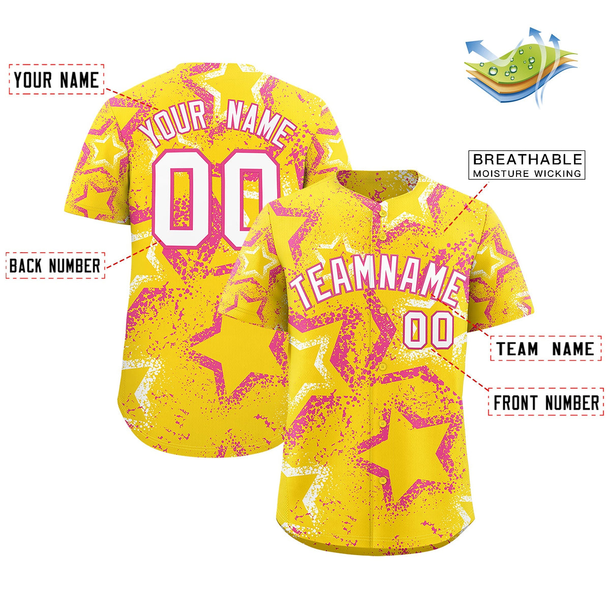 Custom Gold White Pink Star-Shaped Ink Texture Graffiti Pattern Baseball Jersey | Sublimation Printed &amp; Stitched,Add Name and Numbern,Perfect for Parties,Perfect for Training | KXKSHOP