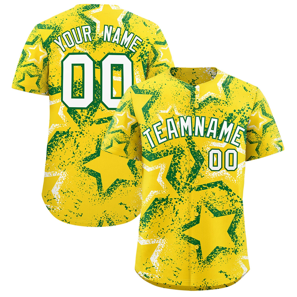 Custom Gold White Kelly Green Star-Shaped Ink Texture Graffiti Pattern Baseball Jersey | Sublimation Printed &amp; Stitched,Add Name and Numbern,Perfect for Parties,Perfect for Training | KXKSHOP