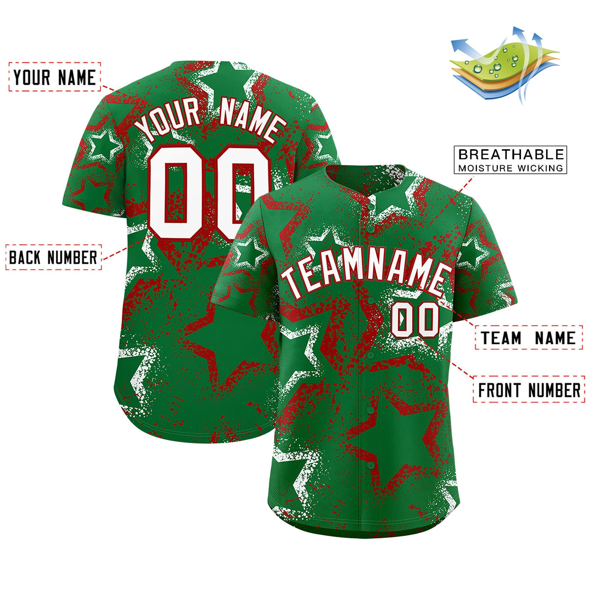 Custom Kelly Green White Red Star-Shaped Ink Texture Graffiti Pattern Baseball Jersey | Sublimation Printed &amp; Stitched,Add Name and Numbern,Perfect for Parties,Perfect for Training | KXKSHOP