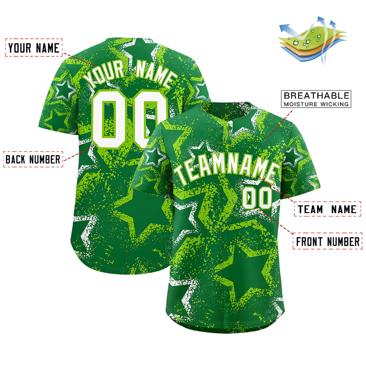 Custom Kelly Green White Neon Green Star-Shaped Ink Texture Graffiti Pattern Baseball Jersey | Sublimation Printed &amp; Stitched,Add Name and Numbern,Perfect for Parties,Perfect for Training | KXKSHOP