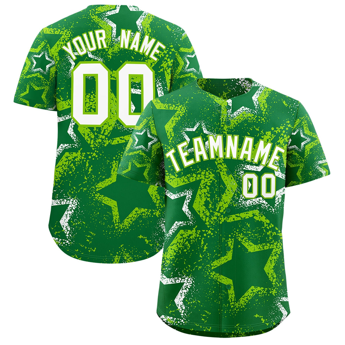 Custom Kelly Green White Neon Green Star-Shaped Ink Texture Graffiti Pattern Baseball Jersey | Sublimation Printed &amp; Stitched,Add Name and Numbern,Perfect for Parties,Perfect for Training | KXKSHOP