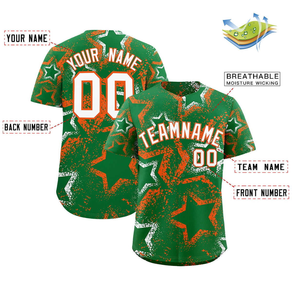 Custom Kelly Green White Orange Star-Shaped Ink Texture Graffiti Pattern Baseball Jersey | Sublimation Printed &amp; Stitched,Add Name and Numbern,Perfect for Parties,Perfect for Training | KXKSHOP