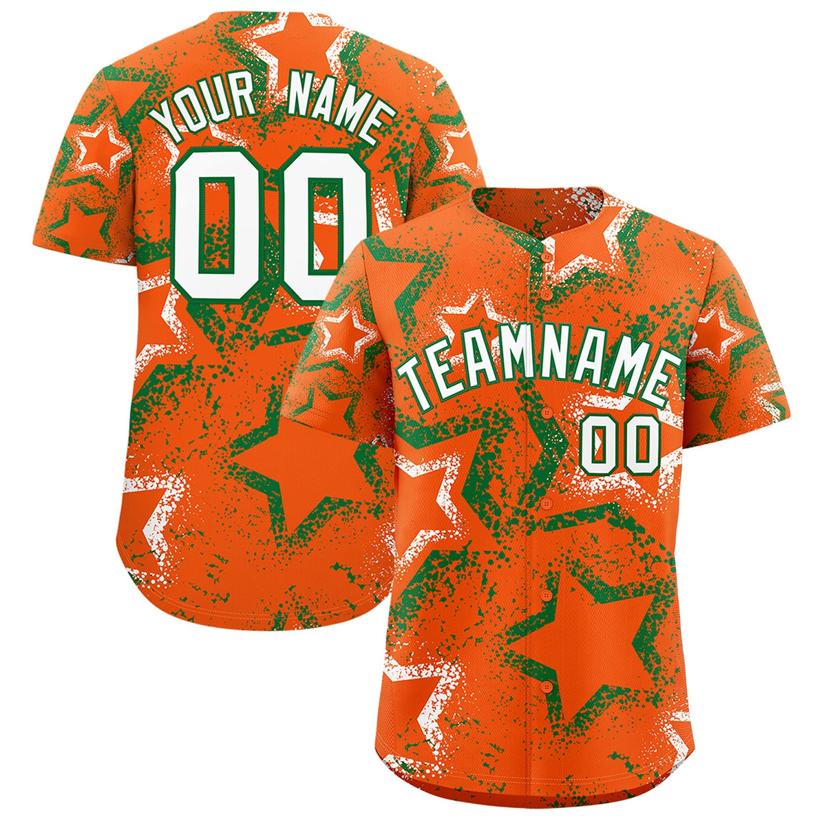 Custom Orange White Kelly Green Star-Shaped Ink Texture Graffiti Pattern Baseball Jersey | Sublimation Printed &amp; Stitched,Add Name and Numbern,Perfect for Parties,Perfect for Training | KXKSHOP