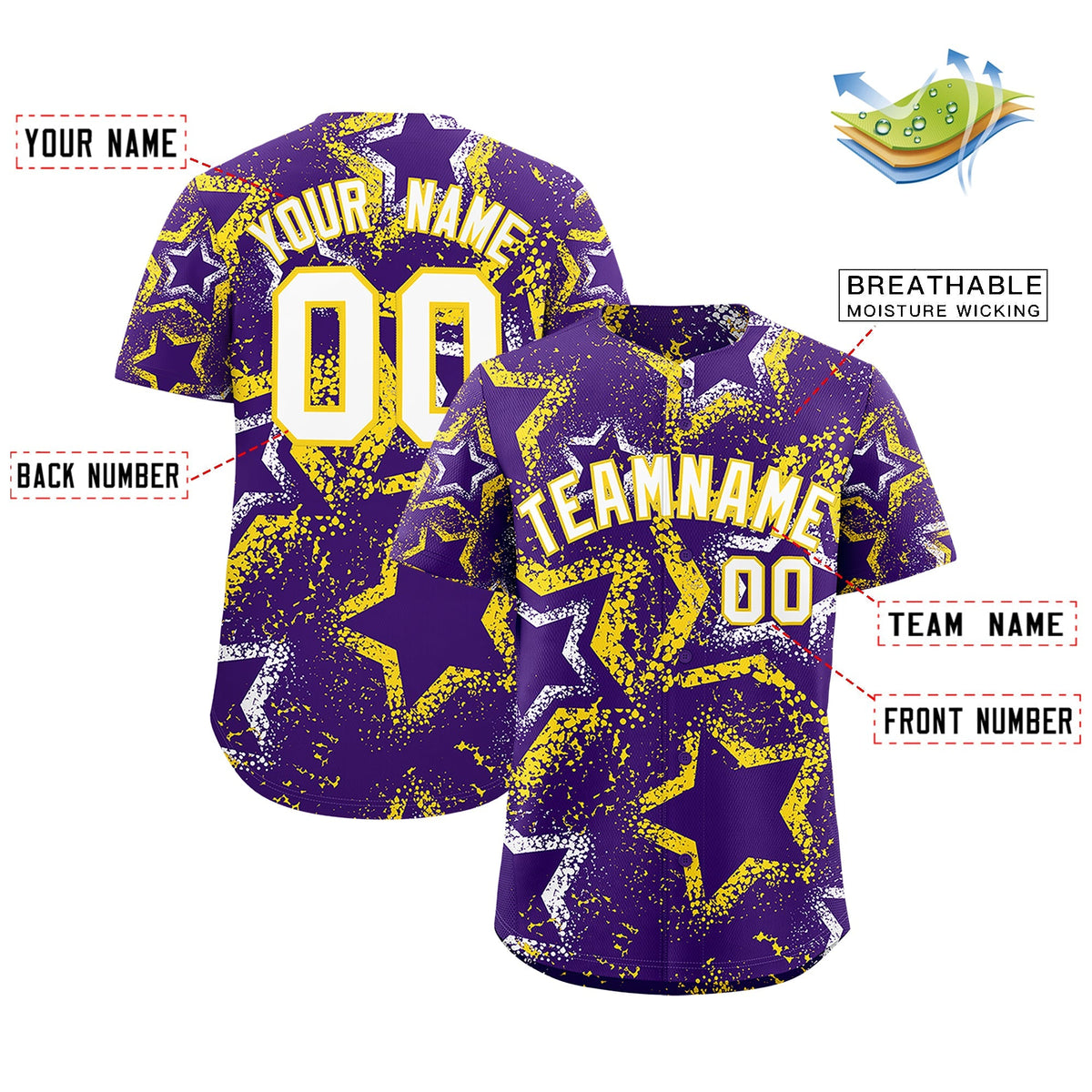 Custom Purple White Gold Star-Shaped Ink Texture Graffiti Pattern Baseball Jersey | Sublimation Printed &amp; Stitched,Add Name and Numbern,Perfect for Parties,Perfect for Training | KXKSHOP