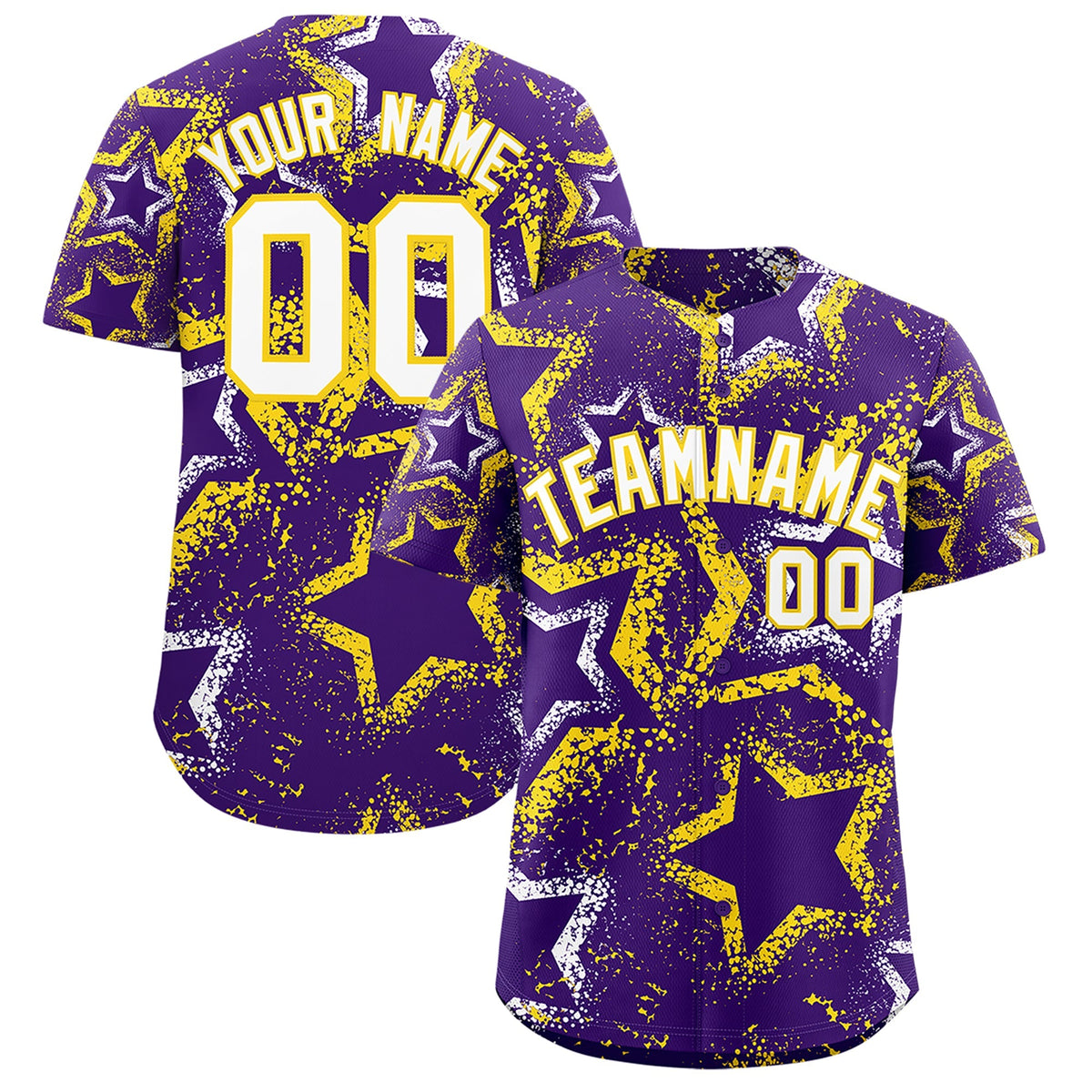 Custom Purple White Gold Star-Shaped Ink Texture Graffiti Pattern Baseball Jersey | Sublimation Printed &amp; Stitched,Add Name and Numbern,Perfect for Parties,Perfect for Training | KXKSHOP