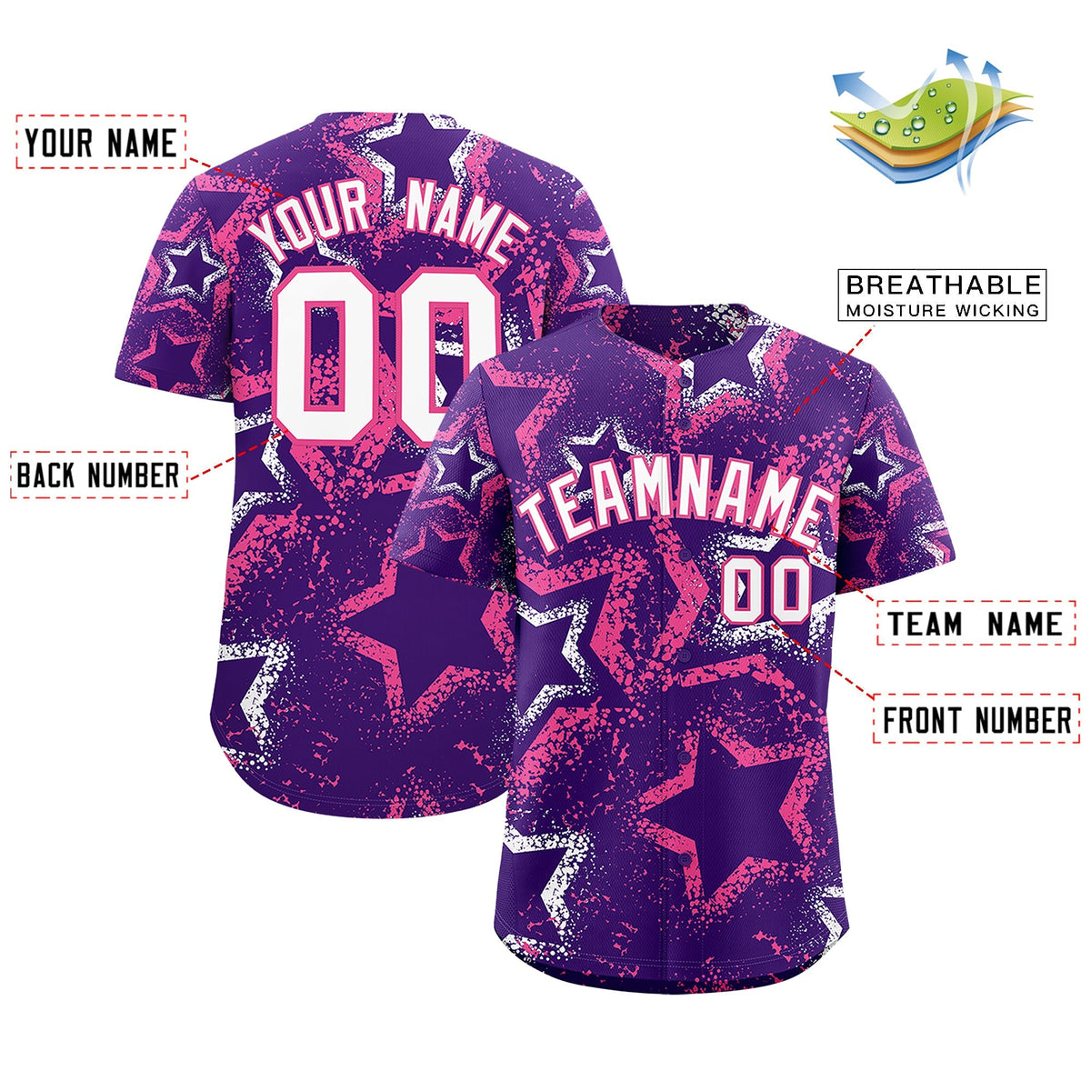 Custom Purple White Pink Star-Shaped Ink Texture Graffiti Pattern Baseball Jersey | Sublimation Printed &amp; Stitched,Add Name and Numbern,Perfect for Parties,Perfect for Training | KXKSHOP